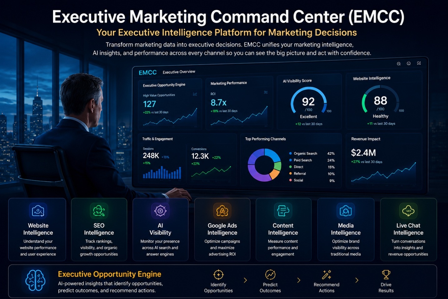 Executive Marketing Command Center (EMCC) dashboard showing Executive Marketing Intelligence, Website Intelligence, SEO Intelligence, AI Visibility, Google Ads Intelligence, Content Intelligence, Media Intelligence, Live Chat Intelligence, and the Executive Opportunity Engine.